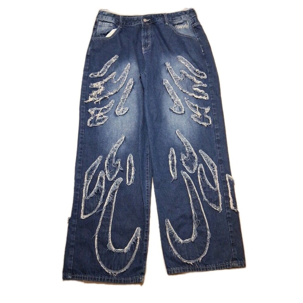 Shein Streetwear Baggy Wide Leg Jeans Size XL Patchwork Skater Hip Hop Boho